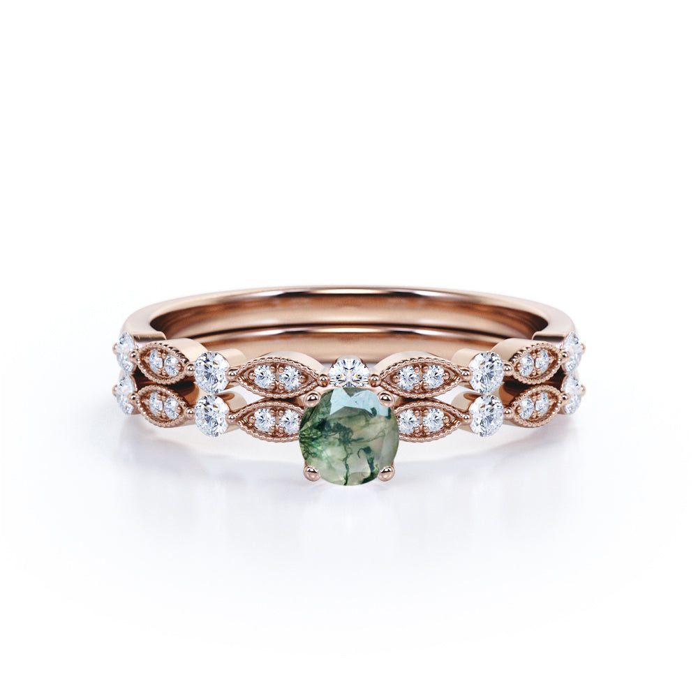 Aesthetic 0.8 carat Round Moss Agate and Moissanite Scalloped Bridal Ring Set in Black Gold