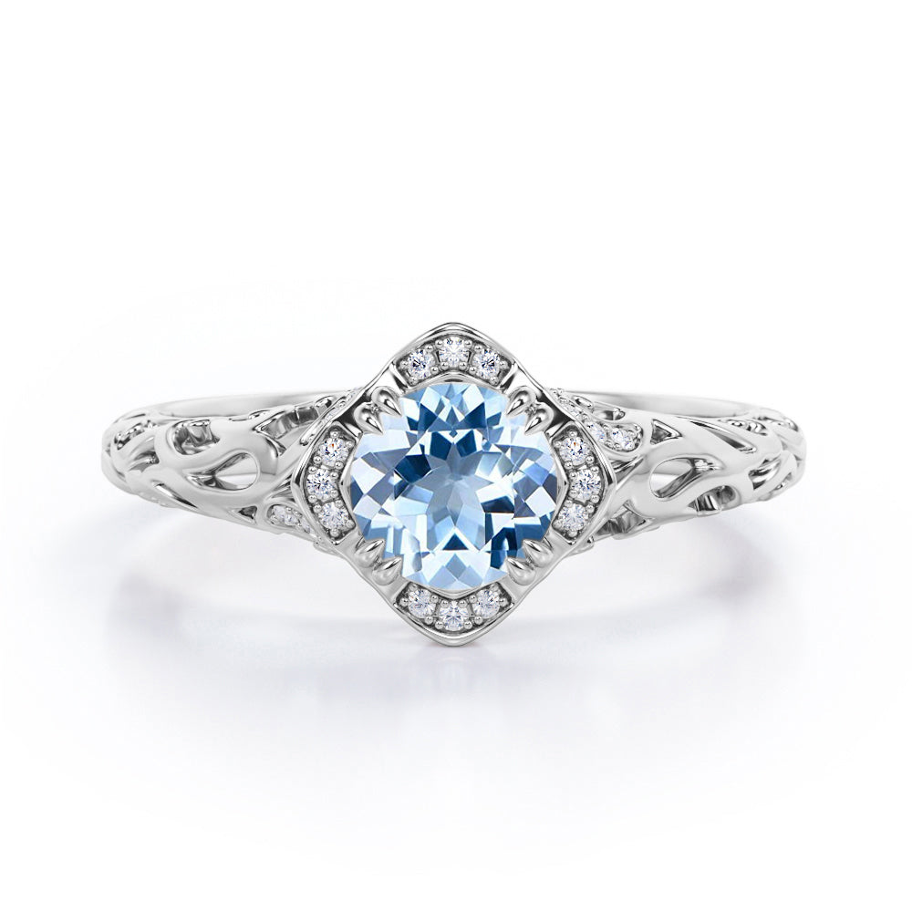 Modern Art Deco 1.10 Carat Round Cut Aquamarine And Diamond Cushion Framed Halo Engagement Ring In Rose Gold