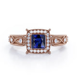 Designer Beaded 1.35 Carat Princess Cut Sapphire And Diamond Halo Engagement Ring In Rose Gold