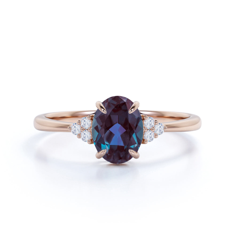 4 Claws Prong Basket 1.15 Carat Oval Cut Simulated Alexandrite and Diamond 7 Stone Engagement Ring