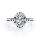 Huge Double Halo 1.50 Carat Oval Shaped Moissanite and Diamond Antique Engagement Ring in White Gold