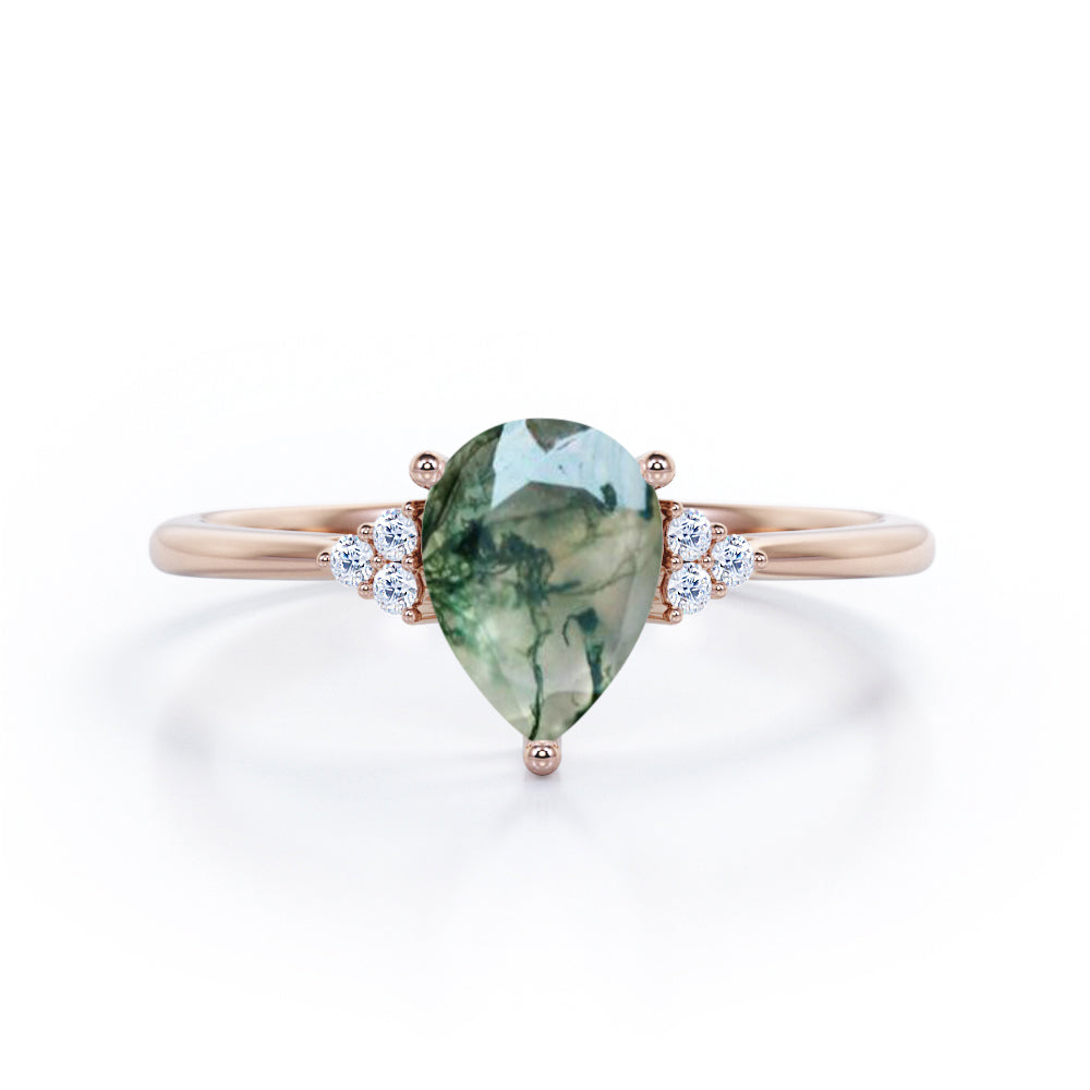 Seven Stone 0.5 carat Pear Moss Green Agate and Diamond Dainty Band Engagement Ring in White Gold