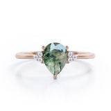 Seven Stone 0.5 carat Pear Moss Green Agate and Diamond Dainty Band Engagement Ring in White Gold