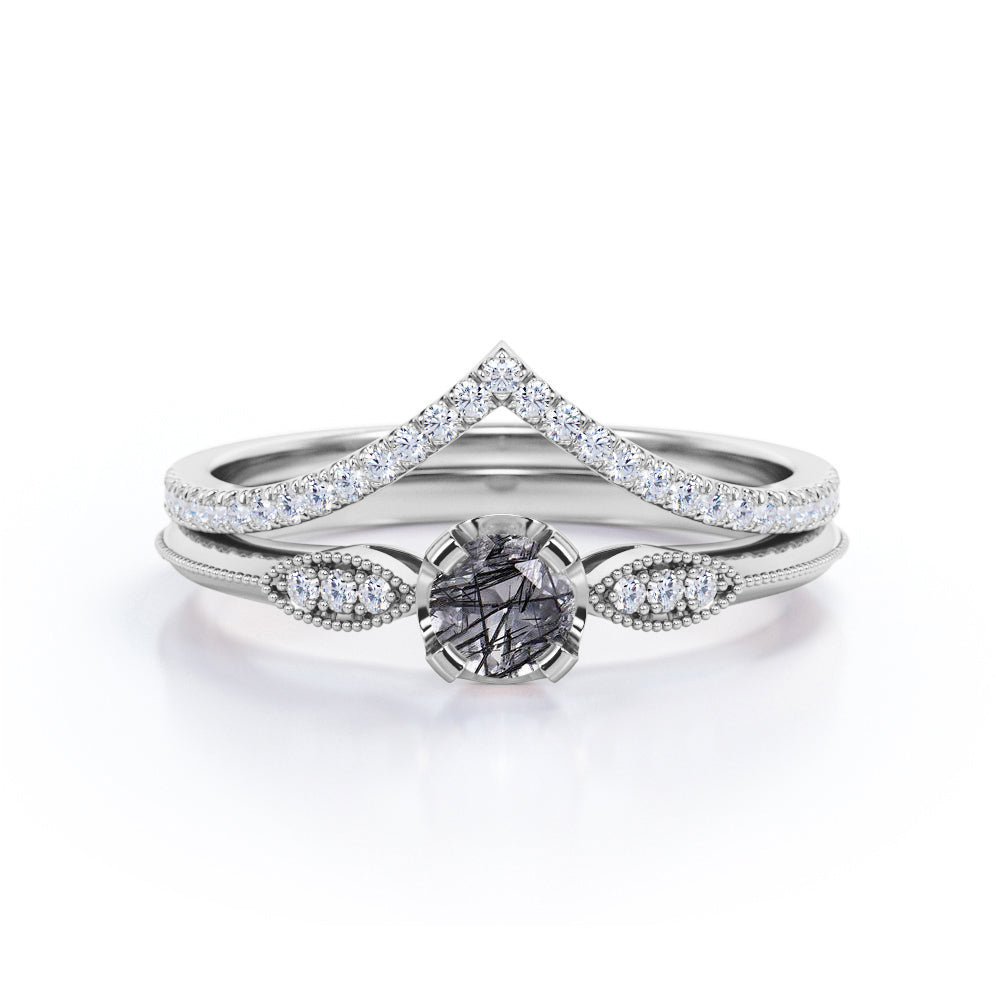 Modern Exquisite Art Deco 1.75 Carat Round Cut Genuine Dendritic Black Rutilated Quartz and Diamond Half Eternity Curved Band Wedding Ring Sets