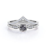 Modern Exquisite Art Deco 1.75 Carat Round Cut Genuine Dendritic Black Rutilated Quartz and Diamond Half Eternity Curved Band Wedding Ring Sets