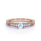 Antique Design Engraving 0.6 carat Round Moonstone and Moissanite Engagement Ring in White Gold
