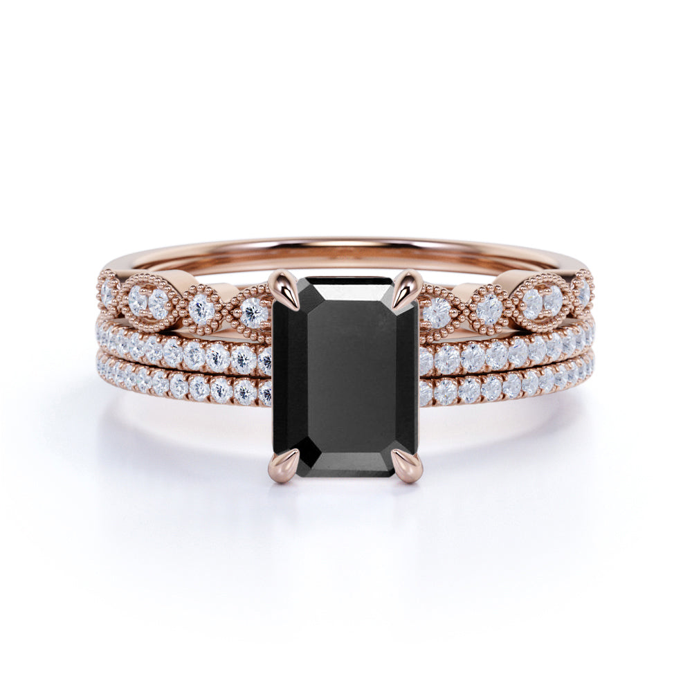 Unique 1.75 Carat Emerald cut Lab Black Diamond Trio Wedding Ring Set in White Gold for Her