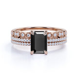 Unique 1.75 Carat Emerald cut Lab Black Diamond Trio Wedding Ring Set in White Gold for Her