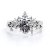 Nature Inspired 1.15 Carat Round Cut Solid Black Rutile Clear Crystal Quartz Leaf Style Five Stone Wedding Ring Set In White Gold