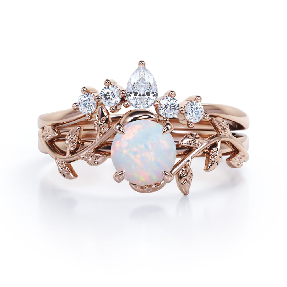 Nature Inspired 1.20 Carat Round Cut White Fire Opal And Diamond Leaf Vine Art Wedding Ring Set In White Gold For Her