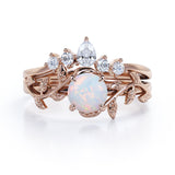 Nature Inspired 1.20 Carat Round Cut White Fire Opal And Diamond Leaf Vine Art Wedding Ring Set In White Gold For Her