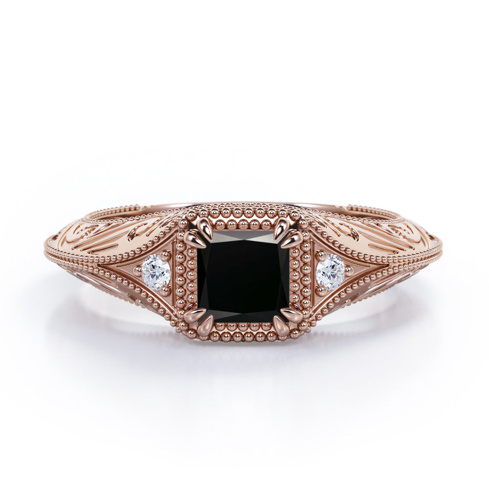 Vintage Eight Claws 1.10 Carat Princess Cut Black Diamond Three Stone Engagement Ring In White Gold