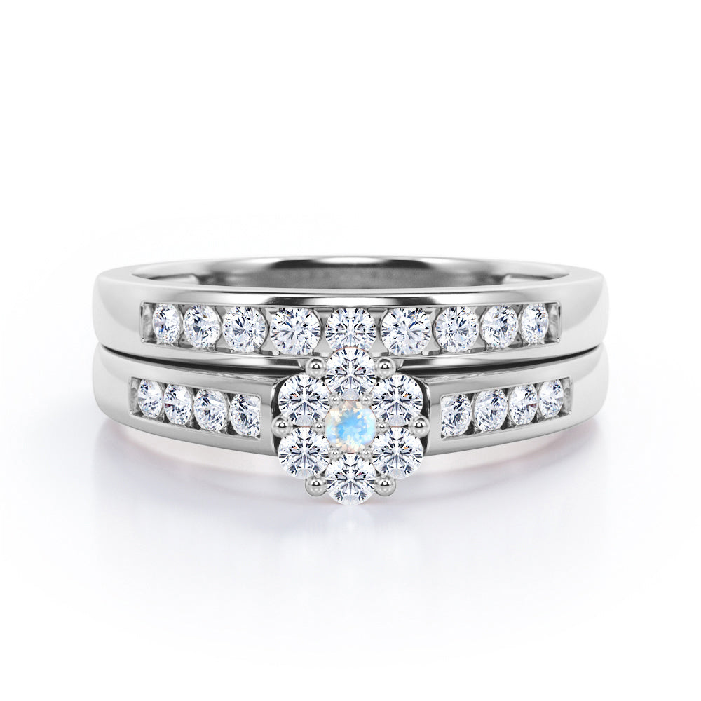 Flower Cluster Design 0.5 TCW Round-Shaped Moonstone and Moissanite Flush-Channel Bridal Ring Set in Rose Gold