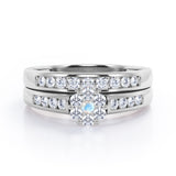 Flower Cluster Design 0.5 TCW Round-Shaped Moonstone and Moissanite Flush-Channel Bridal Ring Set in Rose Gold