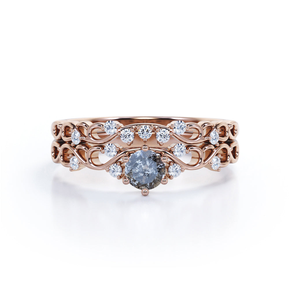 Leaf-Inspired 0.75 Ct Round Salt and Pepper Diamond Wedding Ring Set