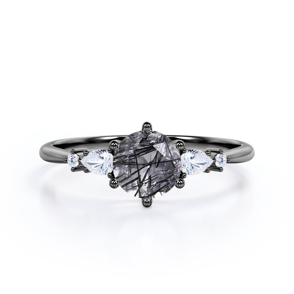 Tapered Six Prong 1.20 Carat Brilliant Round Cut Natural Black Rutilated Quartz And Diamond Five Stone Engagement Ring In White Gold