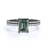 Solitaire 4 Claw 1.50 Carat Emerald Cut Lab Made Alexandrite and Diamond Pave Wedding Ring Sets