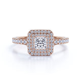 Stunning 1 Carat Princess Cut Moissanite - Pave Set - Split Shank - Double Halo Engagement Ring in 18K Rose Gold over Silver
