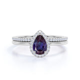 Minimalist Halo 1.25 Carat Pear Cut Artificial Alexandrite and Diamond Half Eternity Band Wedding Ring Sets
