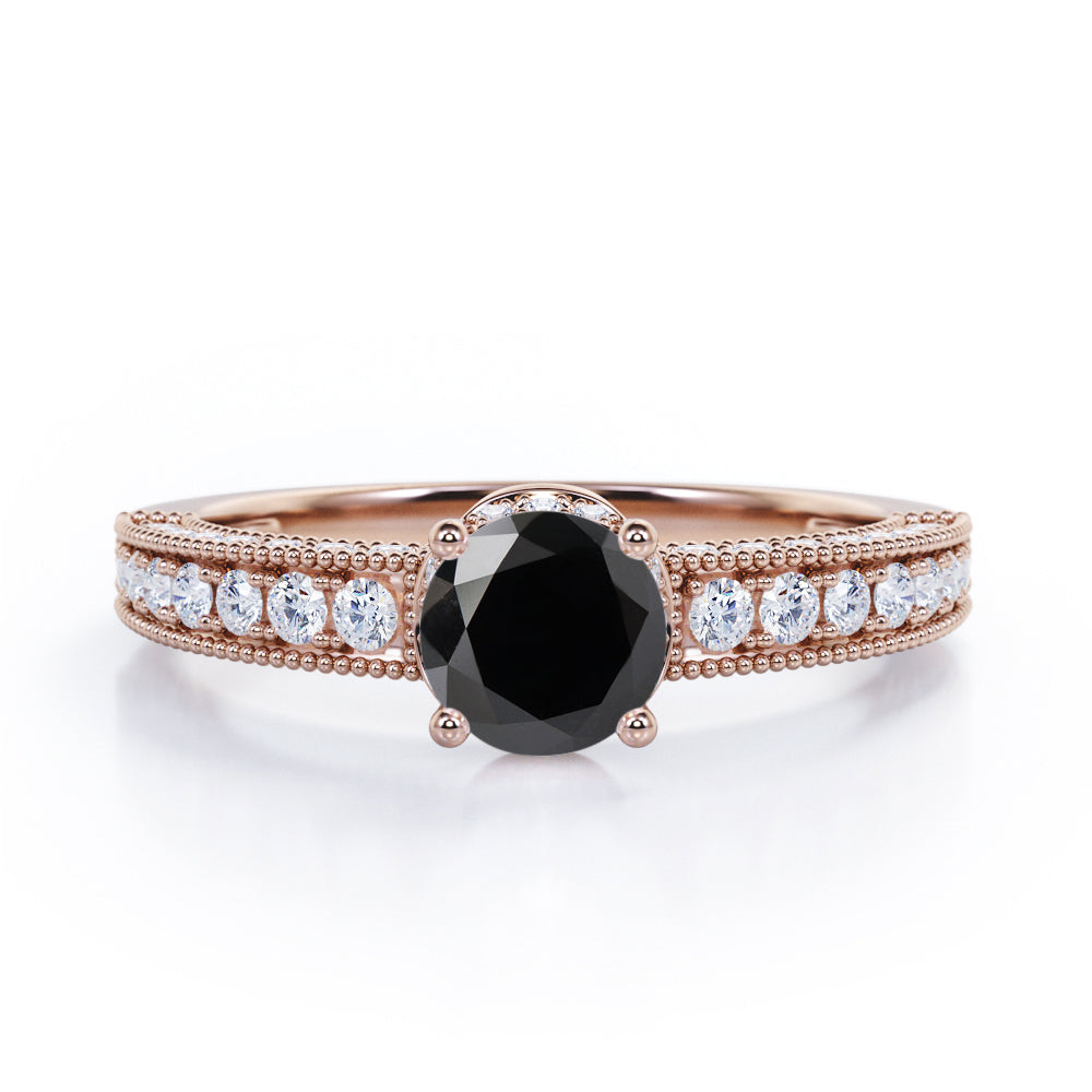 Prong Set 1.45 Carat Round Cut Black Diamond Vintage Milgrain Engagement Ring In White Gold