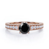 Prong Set 1.45 Carat Round Cut Black Diamond Vintage Milgrain Engagement Ring In White Gold