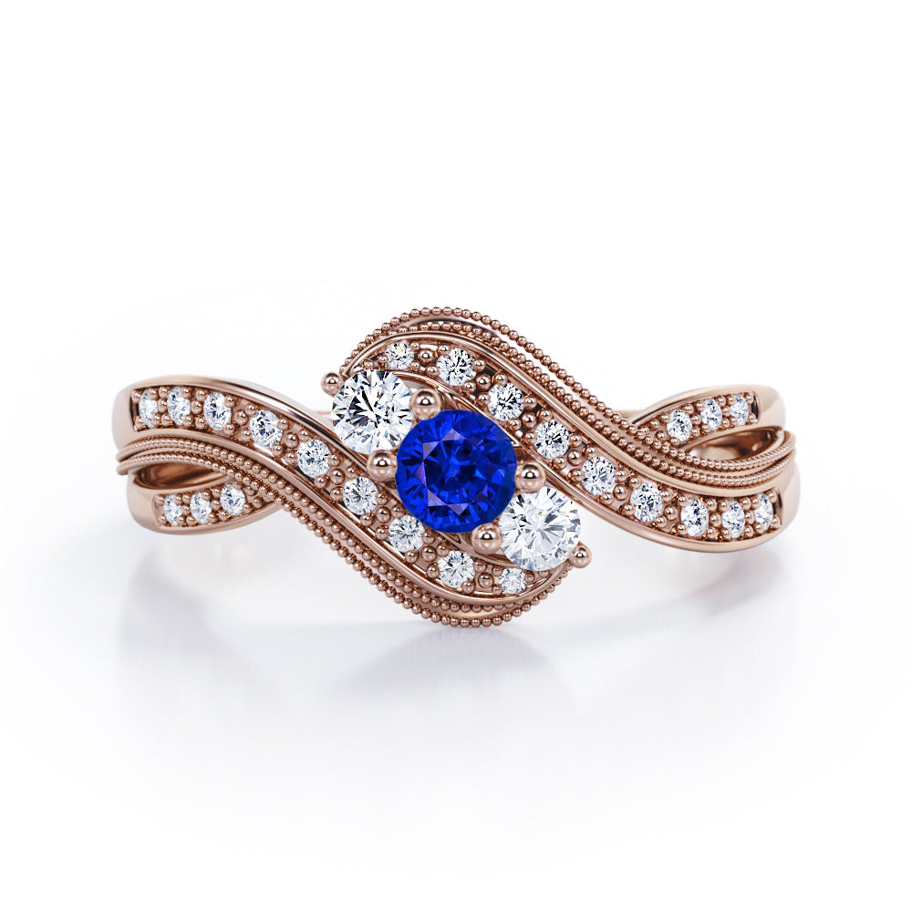 Double Milgrain Curve Infinity 0.7 carat Round Blue Sapphire and Moissanites Engagement Ring in White Gold