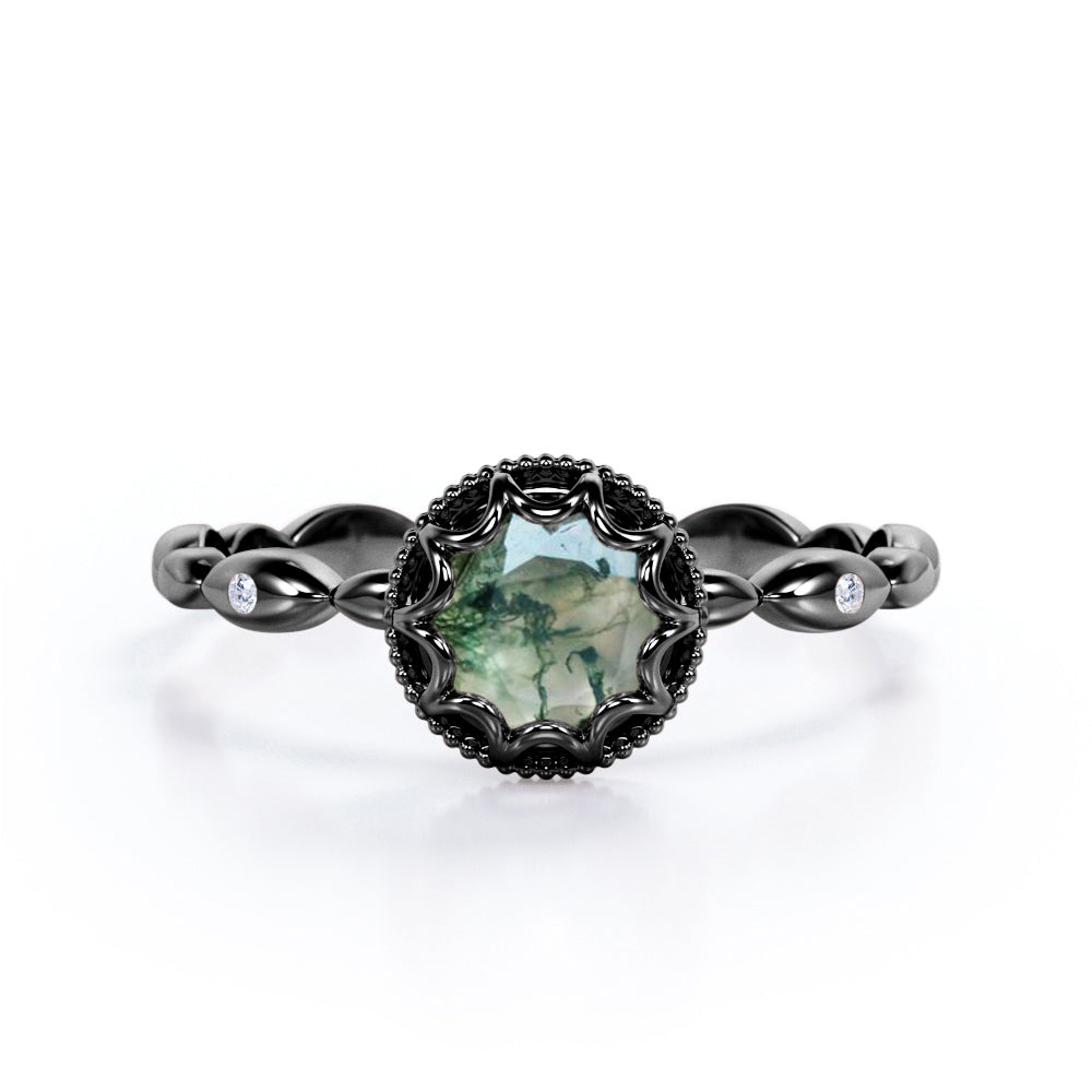 Art Deco 0.5 carat Round Moss Agate and Moissanite Vintage Royal Half Scalloped Ring in White Gold