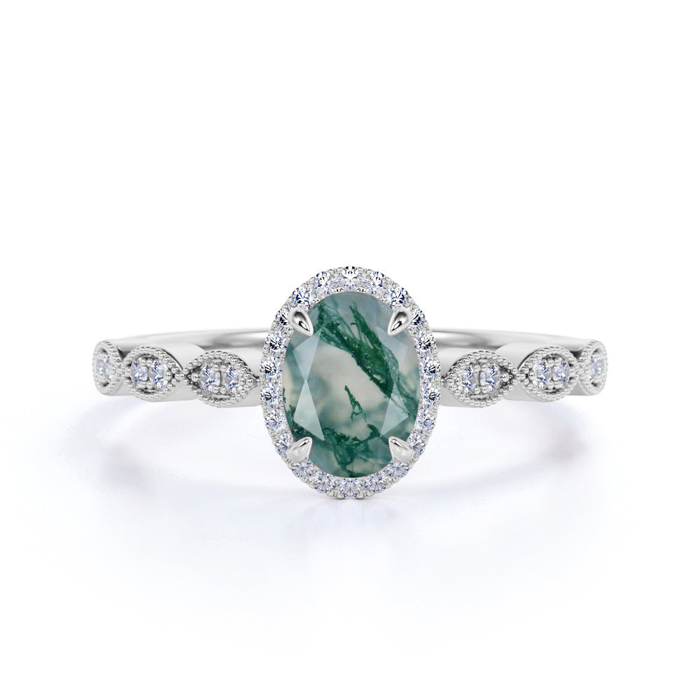 Antique Art Deco 1.50 Carat Oval Cut Milky White Dendritic Moss Green Agate and Diamond Halo Engagement Ring