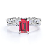 Stylish Eternity Four Claw 1.50 Carat Emerald Cut Lab Ruby and Diamond Wedding Ring Set in White Gold