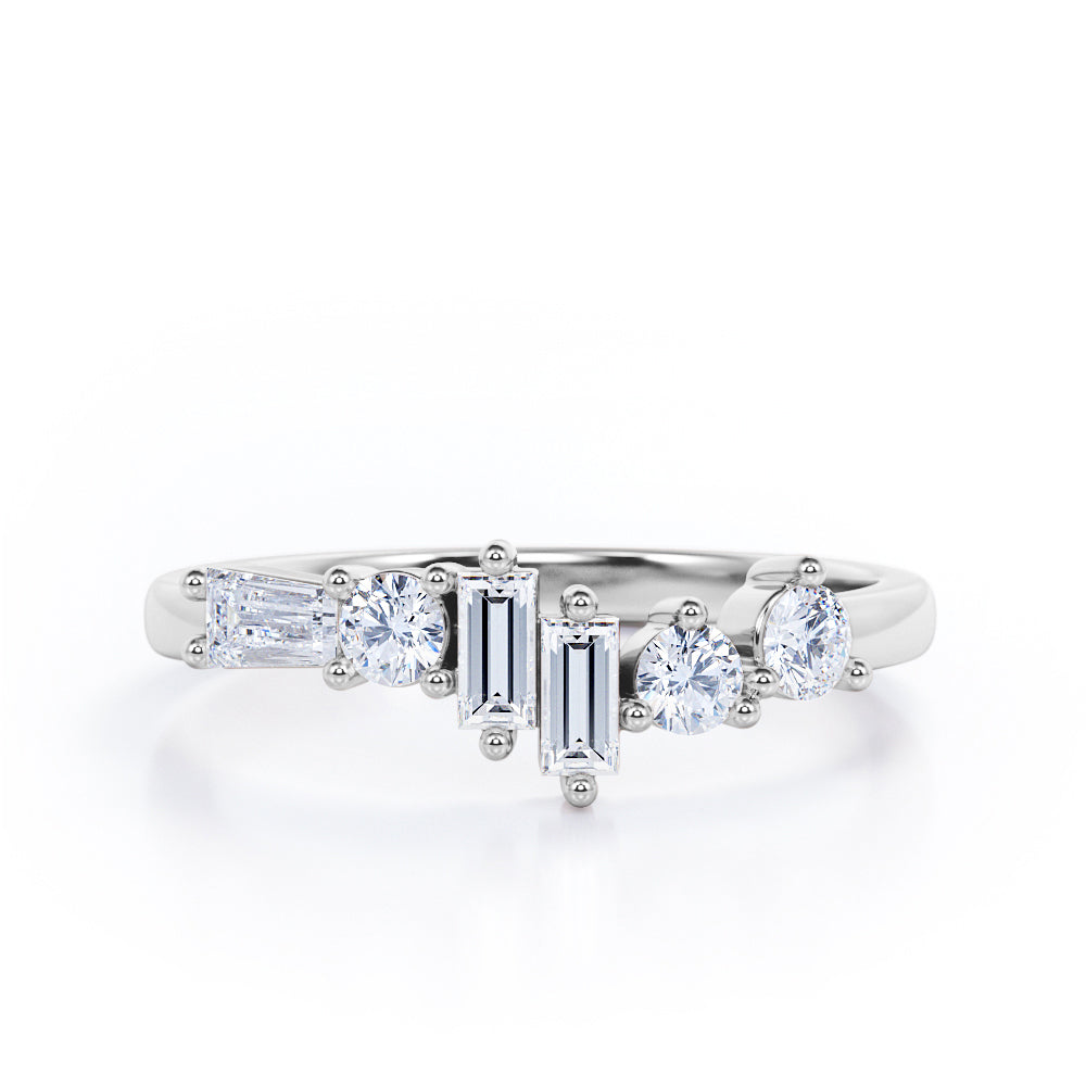 Alternating Dainty Band 1.5 carat Baguette and Round Moissanite Wedding Band in Rose Gold