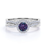 Twist Under Halo 1.75 Carat Round Cut Lab Grown Alexandrite and Diamond Semi Eternity Wedding Set Rings