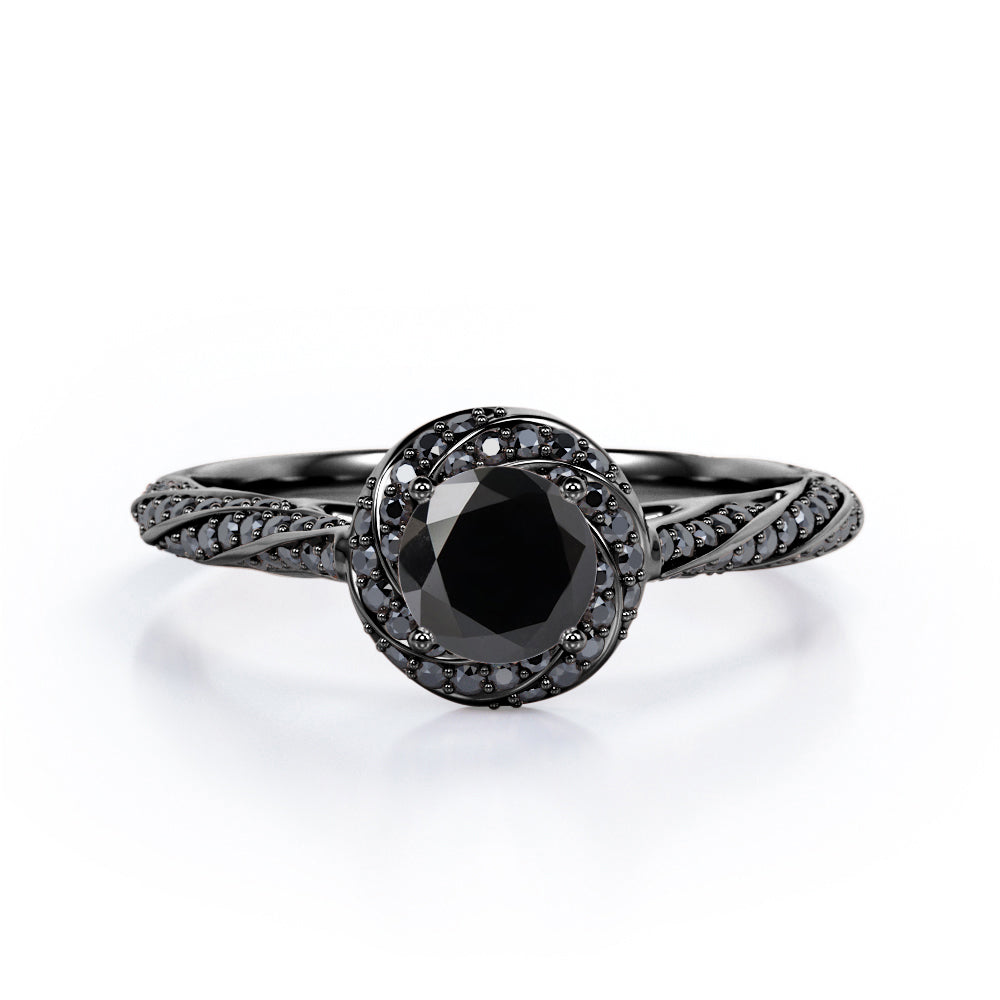 Twirl Halo - 1.35 TCW Round Shaped Lab Created Black Diamond - Twisted Pave Engagement Ring in White Gold