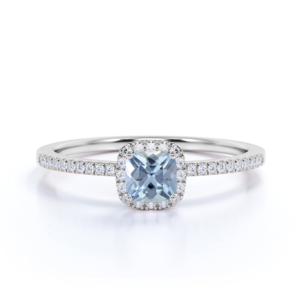1 ct Cushion Aquamarine Halo Pave Engagement Ring