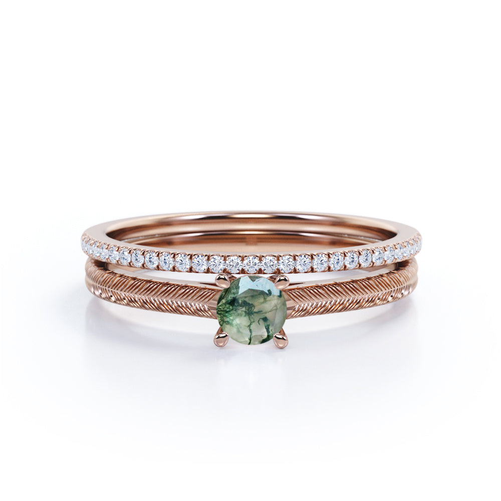 Tropical Filigree Solitaire 1.25 Carat Round Cut Natural Veiny Moss Green Agate and Diamond Half Eternity Pave Band Bridal Set Rings