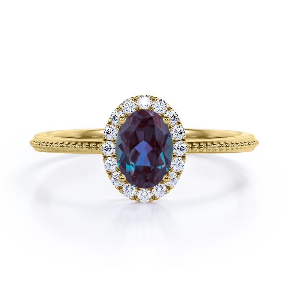 Vintage Inspired 1.15 Carat Oval Cut Lab Created Alexandrite And Diamond Halo Engagement  Ring In White Gold