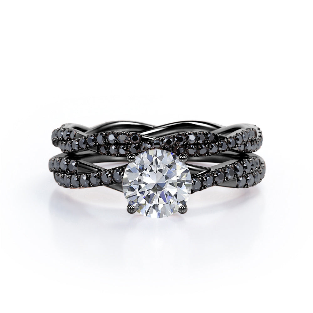 Double Twisted Eternity - 1.75 TCW Round Cut Moissanite with Lab Created Black Diamond - Basket Cathedral Bridal Ring Set in White Gold