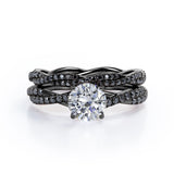Double Twisted Eternity - 1.75 TCW Round Cut Moissanite with Lab Created Black Diamond - Basket Cathedral Bridal Ring Set in White Gold