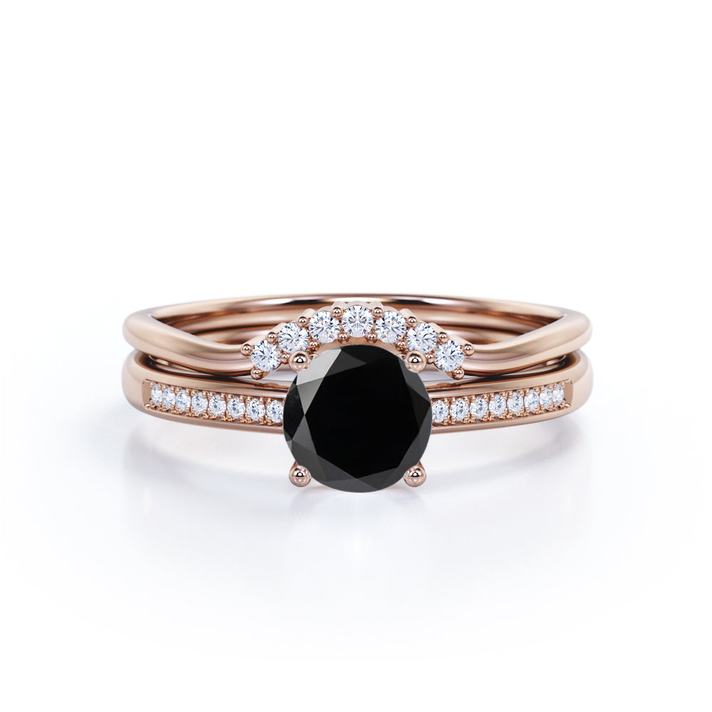 Artdeco 1.50 Carat Round cut Lab Black Diamond Wedding Bridal Ring Set in White Gold
