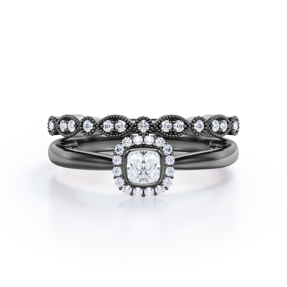 Art Deco Milgrain Filigree 0.5 TCW Princess Cut Diamond Halo Bezel Bridal Set in 10K White Gold