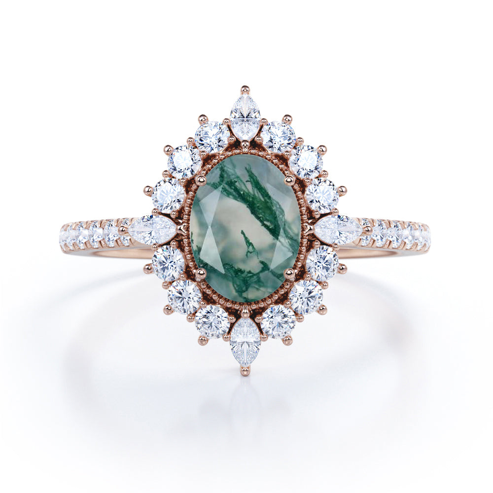 Milgrain Vintage Halo 0.8 carat Oval Moss Agate and Moissanite Anniversary Ring in White Gold