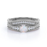 Tapered Four Prong Beaded 1.25 Carat Round Cut Ethiopian Opal And Diamond Vintage Art Deco Wedding Ring Set In White Gold