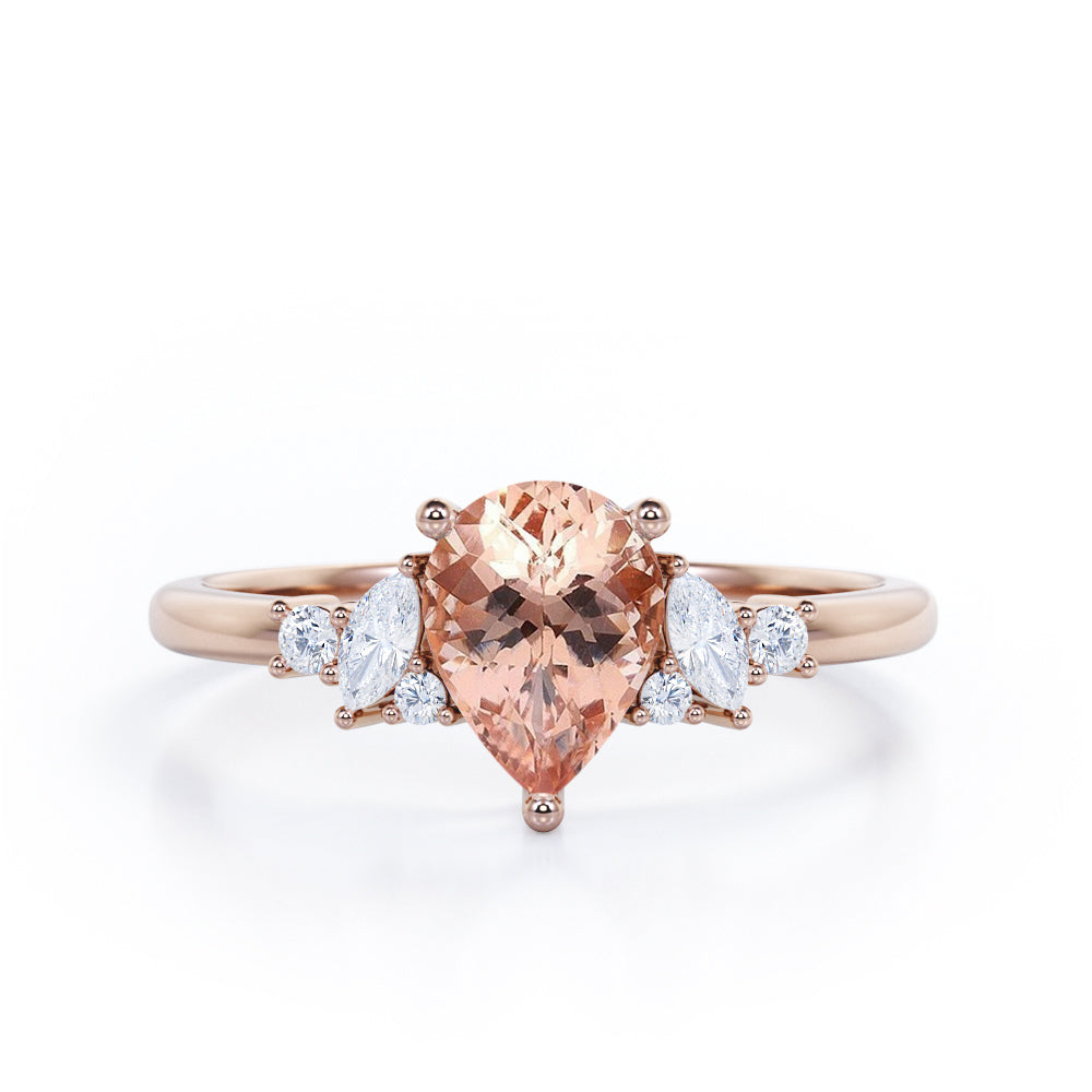Fashionable 7 Stones 0.6 carat Pear Morganite and Diamond Engagement Ring in White Gold