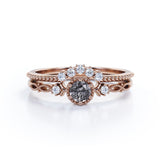 Trilogy Milgrain 0.65 Carat Round Cut Druzy Rutilated Quartz and Diamond Art Deco Wedding Set Rings for Her