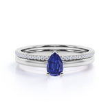Classic Prong Solitaire 2 Carat Pear Cut Sapphire and Diamond Pave Wedding Ring Set in White Gold