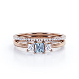 1.10 Carat Princess Cut Aquamarine And Diamond Three Stone Wedding Ring Set In White Gold