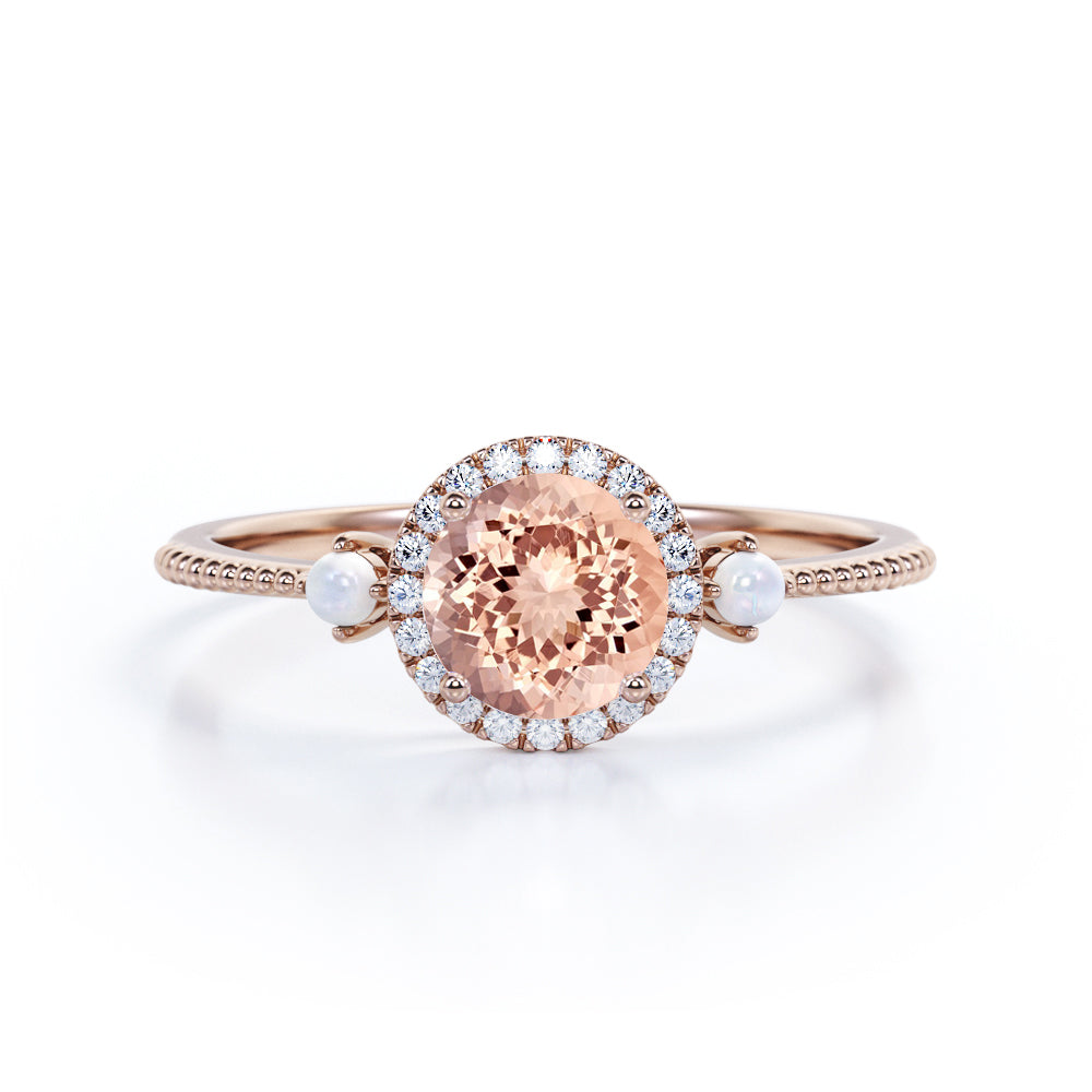 Hand Made 1.25 Carat Round Cut Peach Morganite and Diamond Engagement Ring in 10k White Gold Vintage Ring