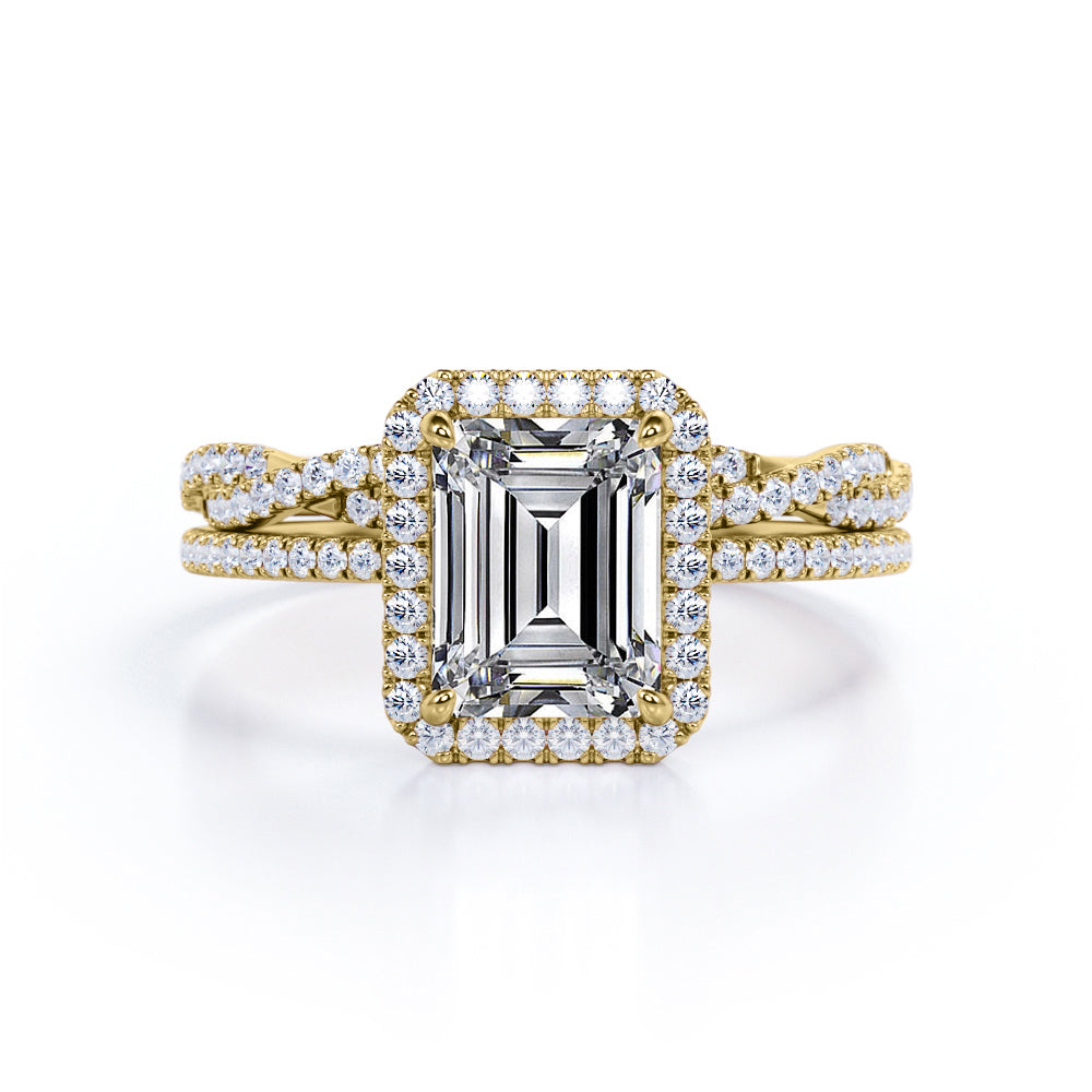 1.50 Carat Emerald Cut Moissanite And Diamond Halo Wedding Ring Set In White Gold