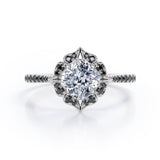 Vintage Filigree Cluster 1.5 TCW Cushion Cut Moissanite with Lab Created Black Diamond Engagement Ring with Pave Accents in Yellow Gold
