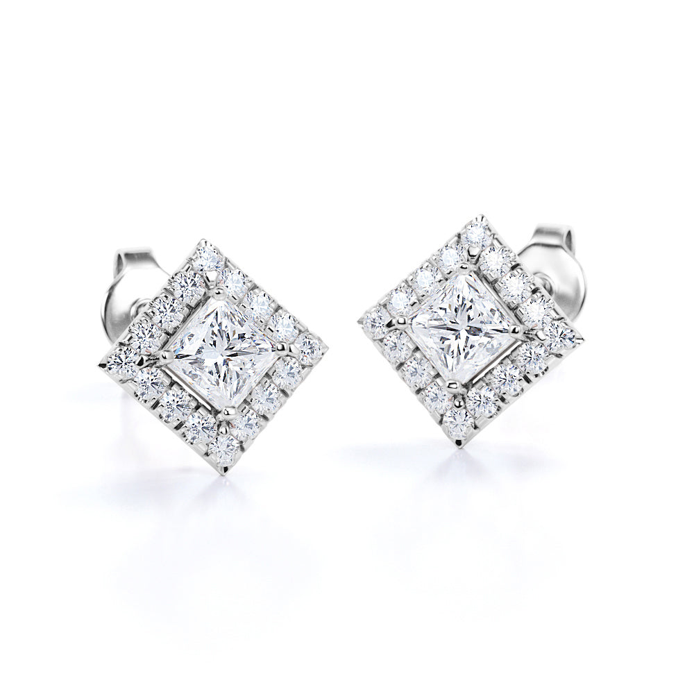 Bezel Set French Pave 1.10 Carat Princess Cut Certified Moissanite and Diamond 4 Claw Ear Studs for Women in Yellow Gold