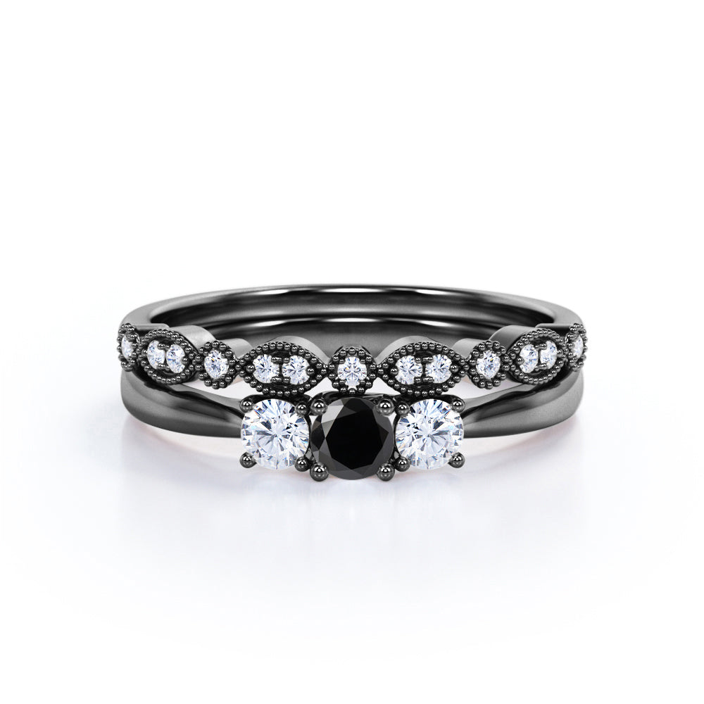 1.30 Carat Round Cut Lab Grown Black Diamond Trilogy Wedding Ring Set In White Gold